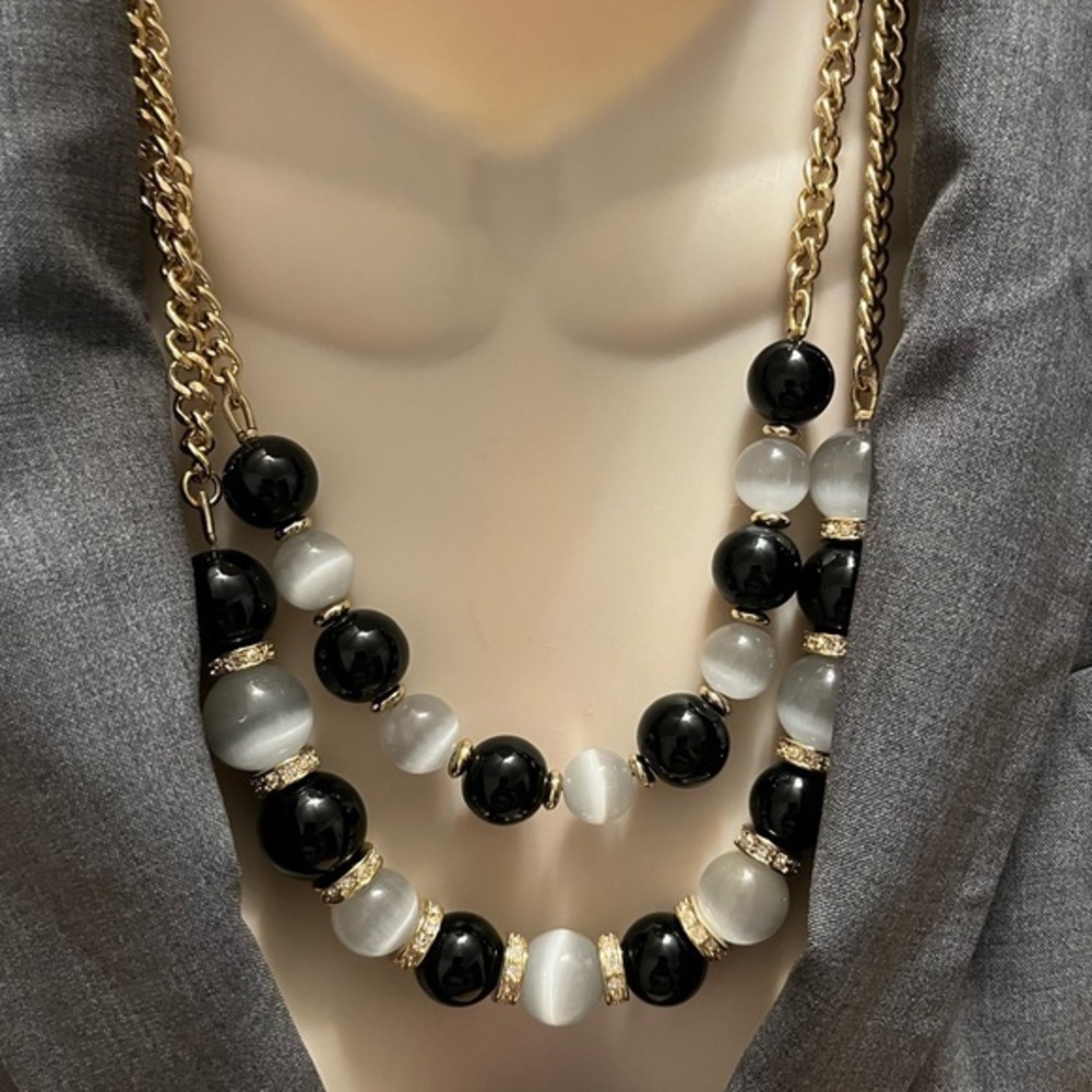 Talbots Elegant Black and White Beaded Cats Eye Two Stranded Necklace Gold Tone
